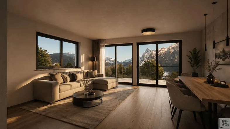 Heller Wohn-Essbereich mit modernen Möbeln, Holzboden und beeindruckendem Bergblick durch große Fenster.