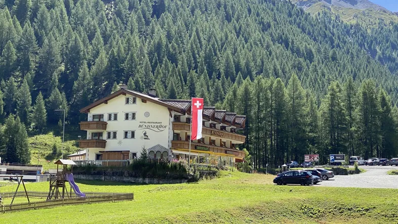 Großes Hotelgebäude in den Bergen mit Schweizer Flagge, umgeben von dichtem Wald und einem Spielplatz.