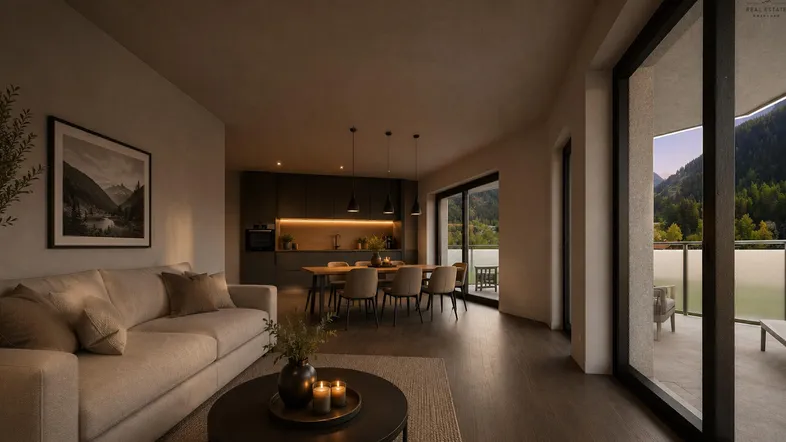 Moderner offener Wohn-Essbereich mit integrierter Küche, Holzboden und Zugang zu einem Balkon mit Bergblick.