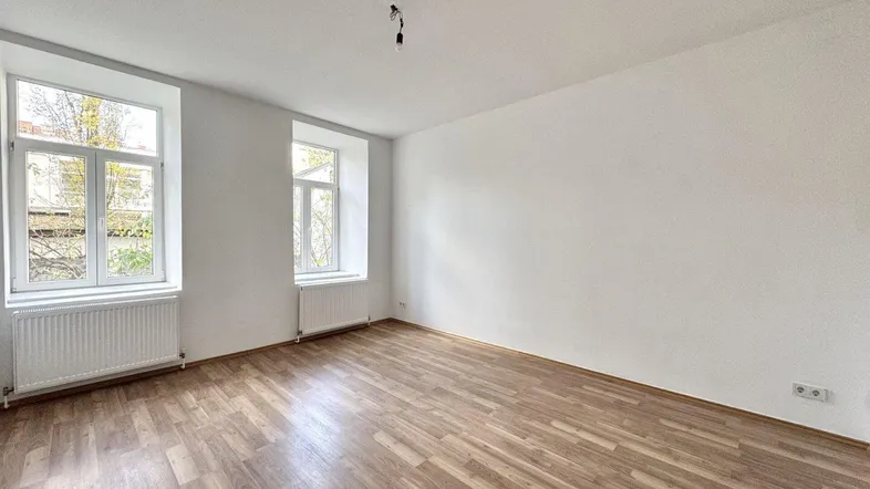 Großer, heller Raum mit zwei Fenstern, Laminatboden und weißen Wänden.