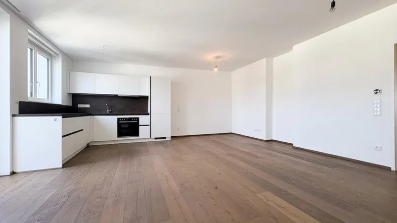Heller offener Wohnbereich mit integrierter Küche und modernem Holzboden, ideal für geselliges Beisammensein.