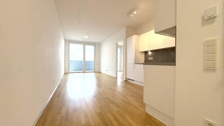 Heller Wohnbereich mit Parkettboden, integrierter Küchenzeile und Zugang zum Balkon.