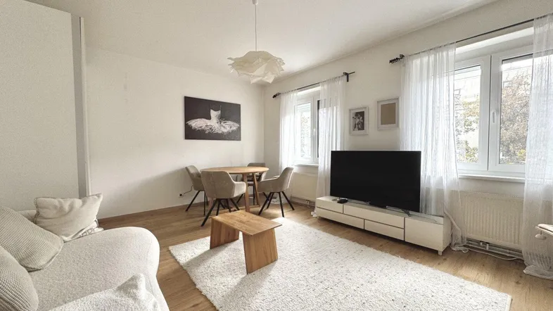 Helles Wohn- und Esszimmer mit Holzboden, weißem Teppich und modernem Mobiliar.