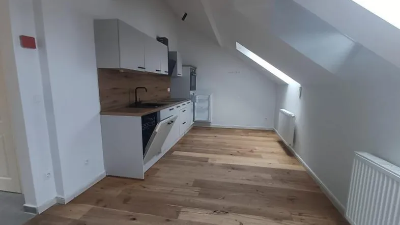 Moderne Küchenzeile in einem hellen Dachgeschoss-Apartment mit Holzboden und Dachfenster.