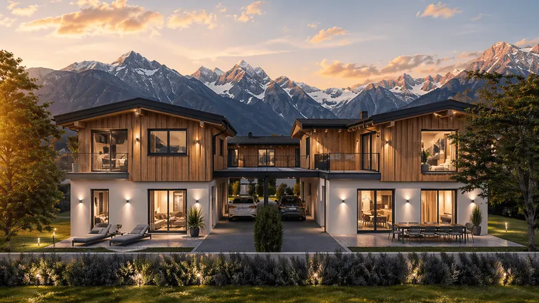 Moderne Häuser mit Holzfassaden und großen Fenstern, eingebettet in eine alpine Landschaft bei Sonnenuntergang.