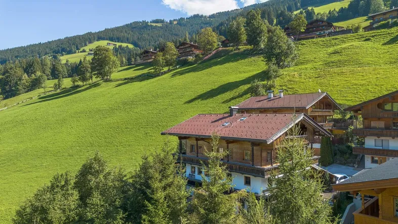 Traditionelles Holzhaus in alpiner Landschaft mit grünen Wiesen und bewaldeten Bergen unter blauem Himmel.