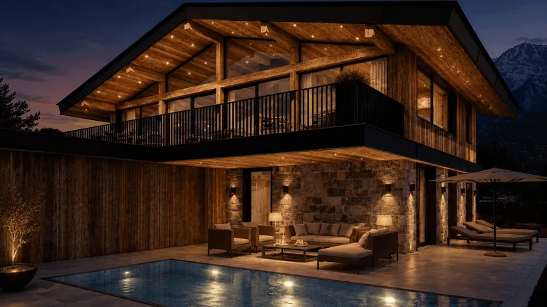 Moderne Villa im Chalet-Stil mit beleuchtetem Pool, gemütlicher Terrasse und Bergblick bei Dämmerung.