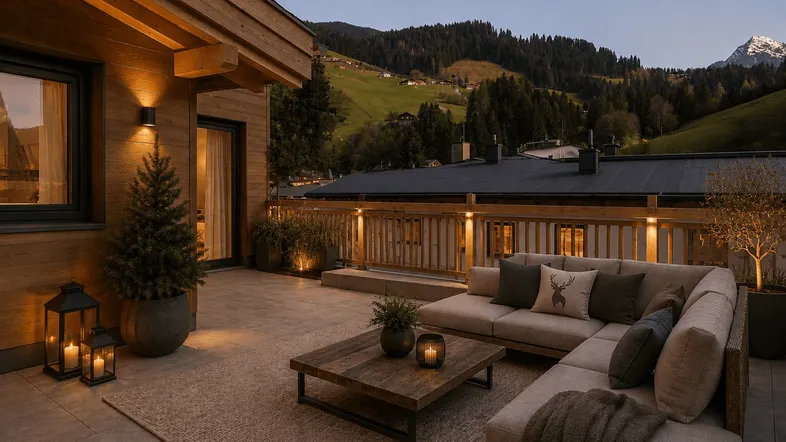 Gemütliche Terrasse mit Lounge-Möbeln, Laternen und malerischem Bergblick in der Abenddämmerung.