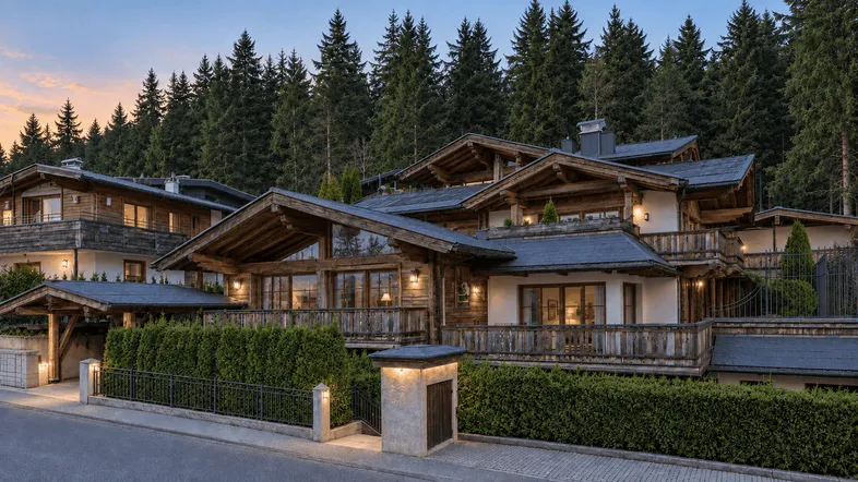 Großes Chalet im alpinen Stil mit Holzbalkonen und umgebenden Nadelbäumen unter blauem Himmel.