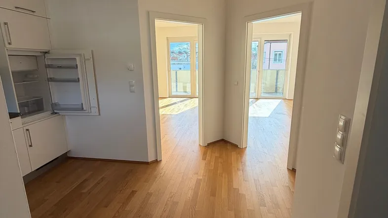 Heller Flur mit Parkettboden und Zugang zu mehreren Zimmern, inklusive einer kleinen Küchenzeile.
