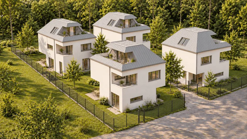 Moderne Neubauten mit Satteldach und Flachdachanteilen, umgeben von viel Grün und Bäumen.
