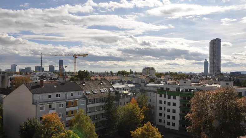 Weitläufiger Blick über die Stadt mit Gebäuden, Bäumen und einem Kran am Horizont unter bewölktem Himmel.