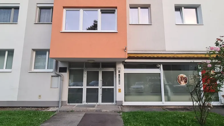 Mehrfamilienhaus mit modernisierter Fassade, großen Fenstern und Erdgeschosszugang.
