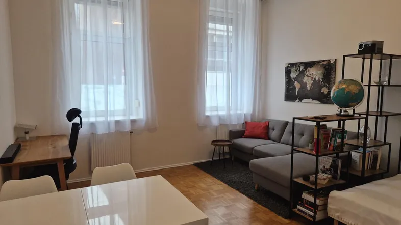 Helles Wohnzimmer mit Parkettboden, Sofa, Esstisch und Arbeitsbereich, ideal für ein Studio-Apartment.