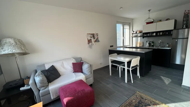 Heller Wohnbereich mit offener Küche, Sofa und Essplatz, ausgestattet mit modernen Fliesen.