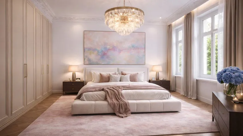 Elegantes Schlafzimmer mit großem Bett, Einbauschränken und Kronleuchter, hell und luxuriös eingerichtet.