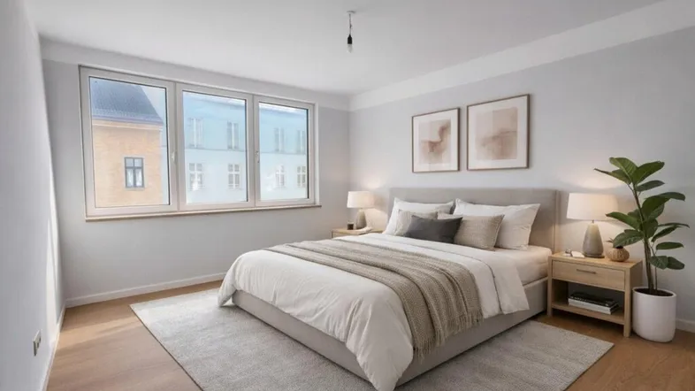 Modern eingerichtetes Schlafzimmer mit großem Bett, Holzboden und viel natürlichem Licht.