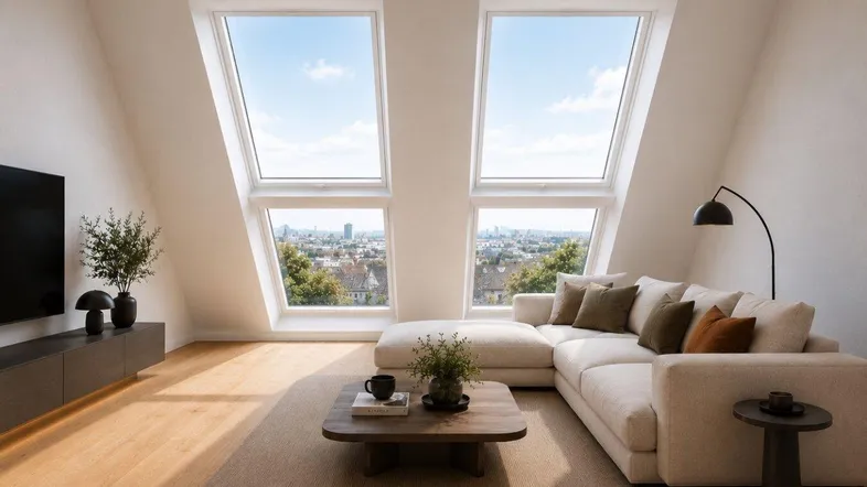 Helles Wohnzimmer im Dachgeschoss mit großen Dachfenstern, Holzboden und Stadtblick.