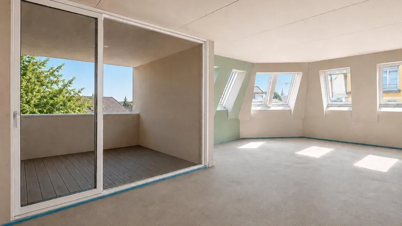 Helles, unfertiges Zimmer mit Zugang zu einem Balkon und Dachfenstern, bereit für den Ausbau.