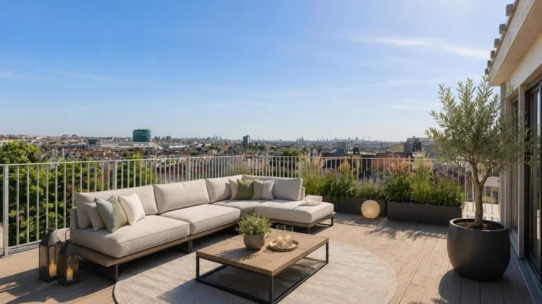 Geräumige Dachterrasse mit bequemen Lounge-Möbeln, Pflanzen und weitem Panoramablick über die Stadt.