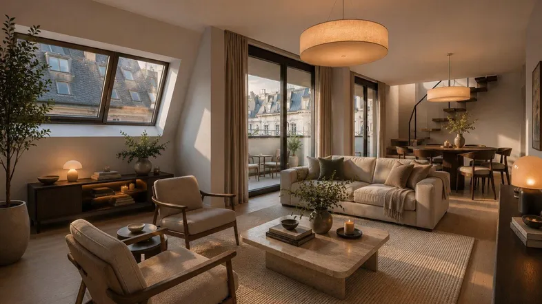 Helles Wohn- und Esszimmer mit Dachschrägenfenstern, Holzboden und Zugang zur Terrasse.