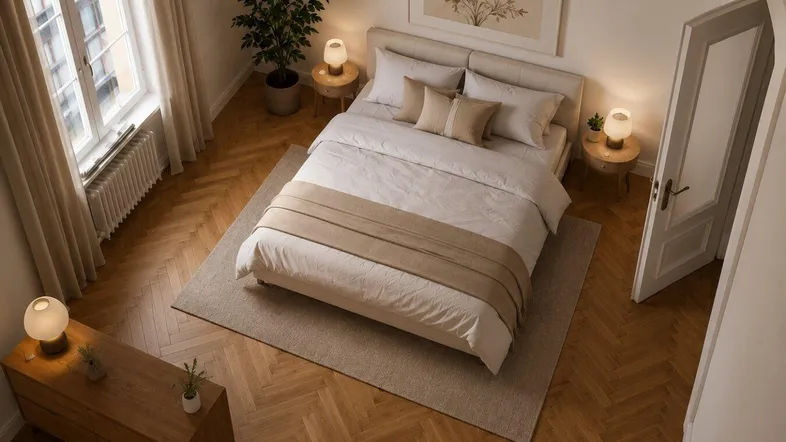 Helles Schlafzimmer mit Fischgrätparkett, beigem Teppich und minimalistischer Einrichtung, sehr einladend.