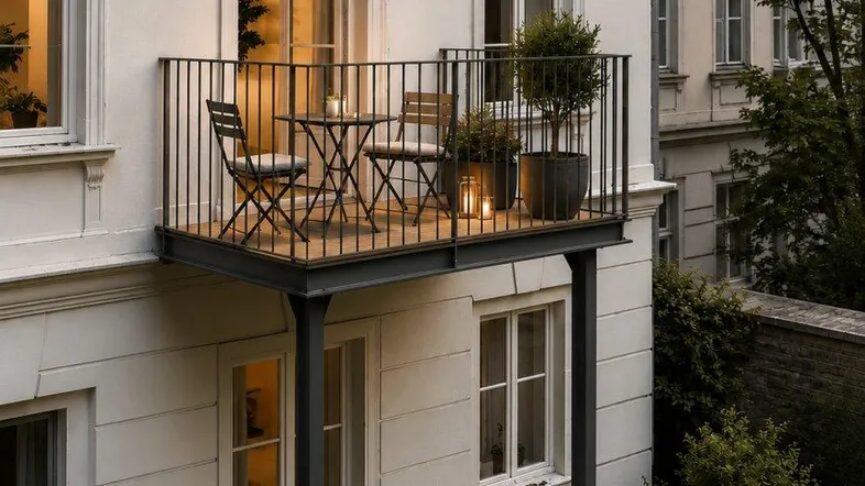 Gemütlicher Balkon mit Sitzgelegenheiten und Pflanzen, bietet einen schönen Außenbereich am Abend.