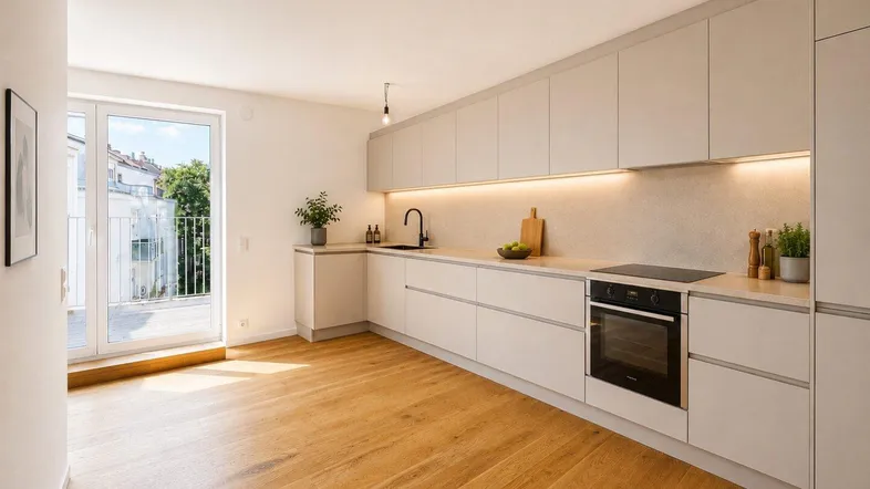 Helle, moderne Küche mit hellgrauen Schränken, Holzboden und direktem Zugang zu einem Balkon.