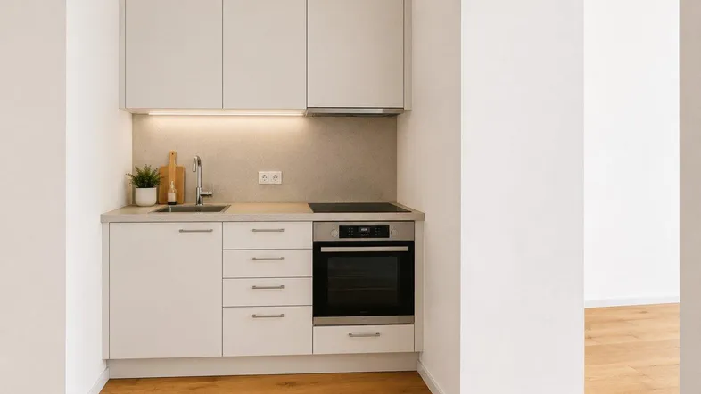 Moderne, kompakte Küchenzeile in hellem Design mit integrierten Geräten und Holzboden.