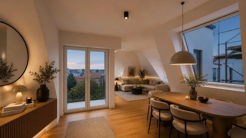 Modernes Wohn-Esszimmer mit Holzboden, Dachschrägen und Zugang zum Balkon, hell und offen gestaltet.