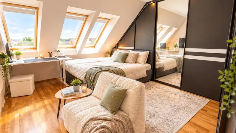 Helles Schlafzimmer im Dachgeschoss mit Dachfenstern, Holzboden und integriertem Kleiderschrank mit Spiegeltüren.