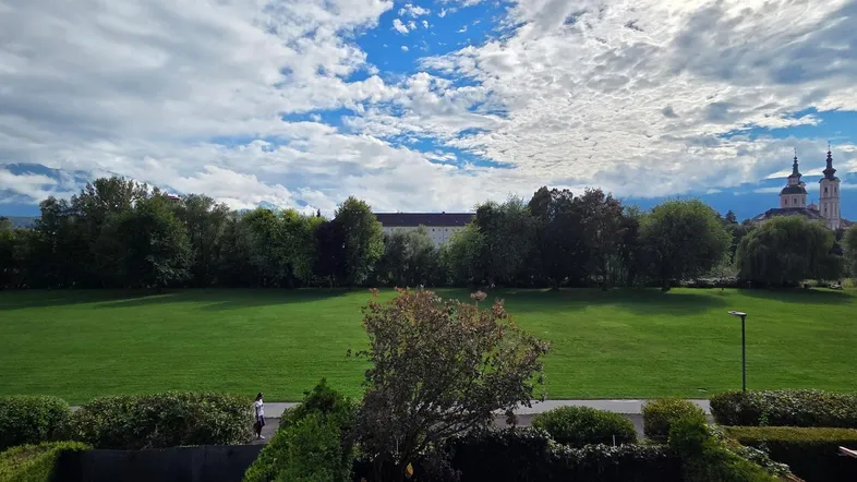 Weitläufige Grünfläche mit Bäumen und einem historischen Gebäude im Hintergrund unter bewölktem Himmel.