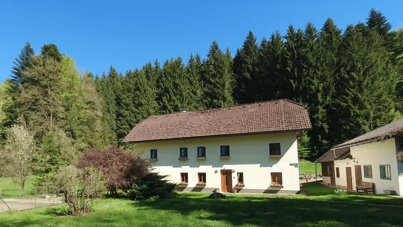 Landhaus in ländlicher Umgebung mit Wald im Hintergrund und grünem Rasen im Vordergrund.