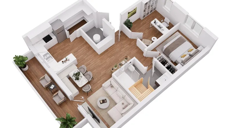 Moderner 3D-Grundriss einer Wohnung mit offenem Wohnbereich, Schlafzimmer, Büro und Balkon.