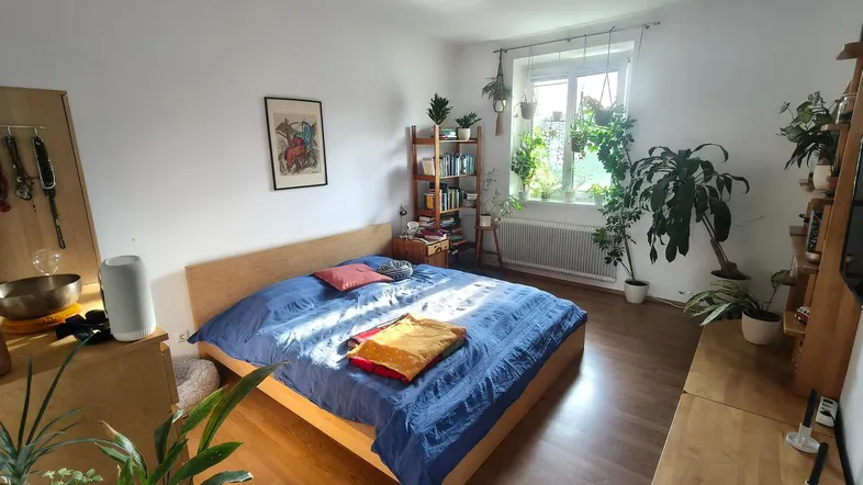 Helles Schlafzimmer mit Holzbett, vielen Pflanzen und einem Fenster mit Blick ins Grüne.
