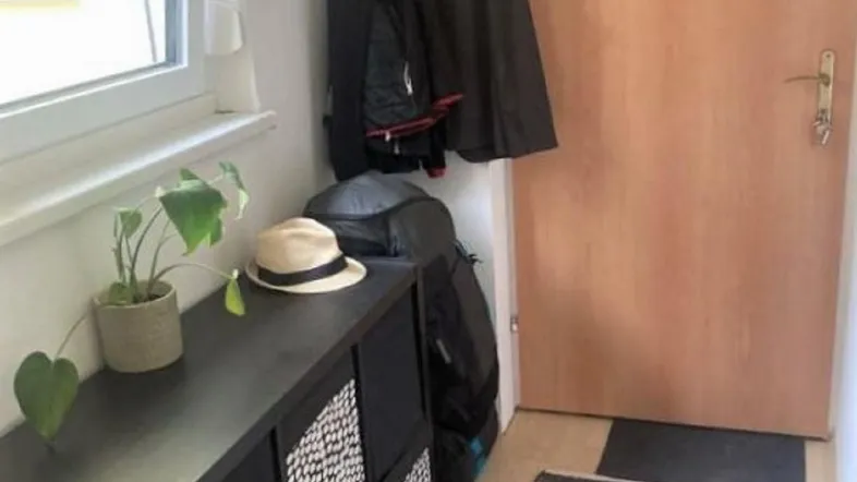 Heller Flur mit Fenster, praktischem Stauraum, Garderobe und gestreiftem Teppich am Eingangsbereich.