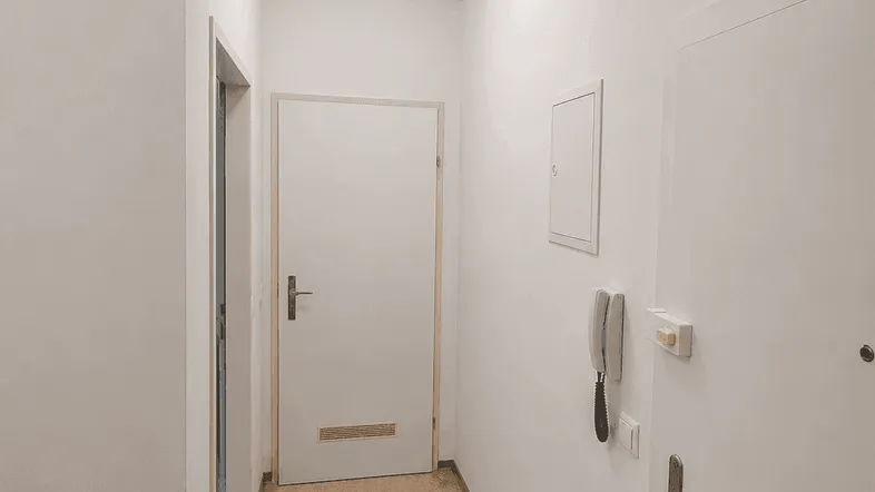 Langer, schmaler Flur mit heller Wandfarbe, Linoleumboden und Gegensprechanlage.