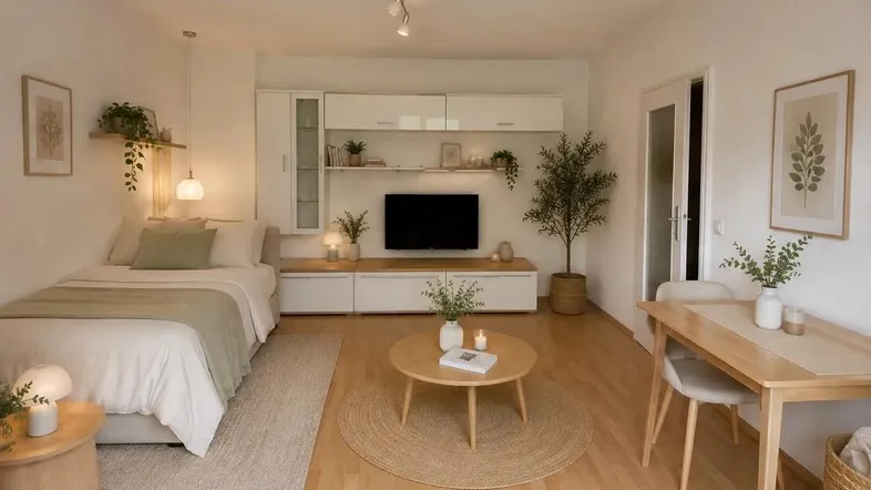 Helles Studio-Apartment mit kombiniertem Wohn-, Schlaf- und Essbereich, modern eingerichtet und mit Holzfußboden.