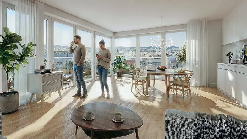 Heller, offener Wohn- und Essbereich mit Holzboden, großen Fenstern und Zugang zur Terrasse.