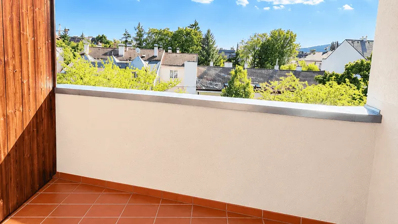 Geräumiger Balkon mit Terrakottafliesen und Blick auf die umliegenden Häuser und Bäume.
