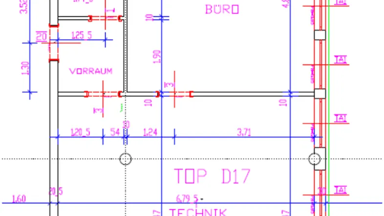 Grundrissplan einer Büroeinheit mit separatem WC, Vorraum und Technikraum.