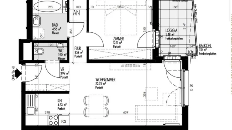 Grundriss einer Wohnung mit Wohnzimmer, Schlafzimmer, Küche, Bad, WC, Flur, Loggia und Balkon.
