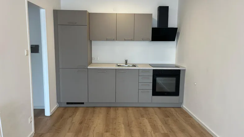 Moderne Küchenzeile in Grau mit integrierten Geräten und Laminatboden in einem hellen Raum.