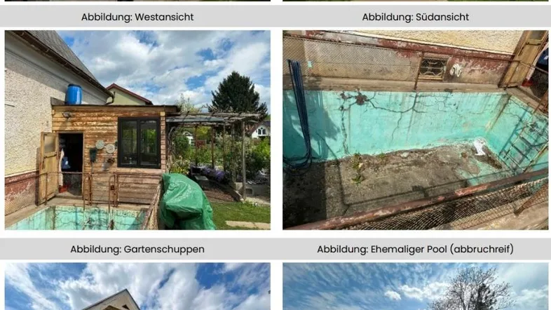 Hausansichten von verschiedenen Seiten mit großem Garten und einem ehemaligen, sanierungsbedürftigen Pool.