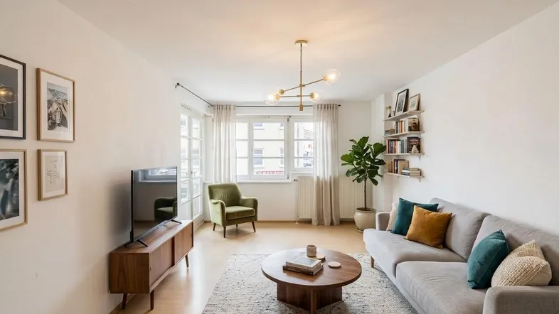 Helles Wohnzimmer mit modernem Mobiliar, Holzboden und Blick auf die Umgebung.