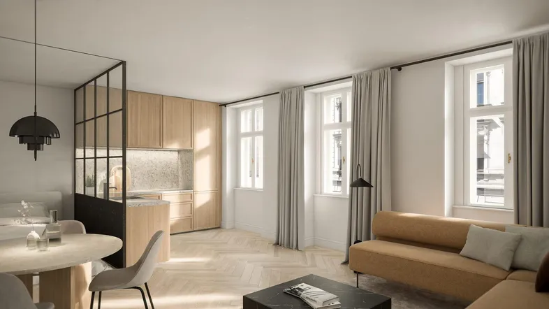 Heller offener Wohnbereich mit integrierter Holzküche, Esstisch und modernem Sofa.