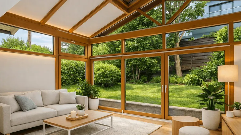 Helles Wohnzimmer mit großen Glasfronten, Holzbalken und Blick in den grünen Garten.