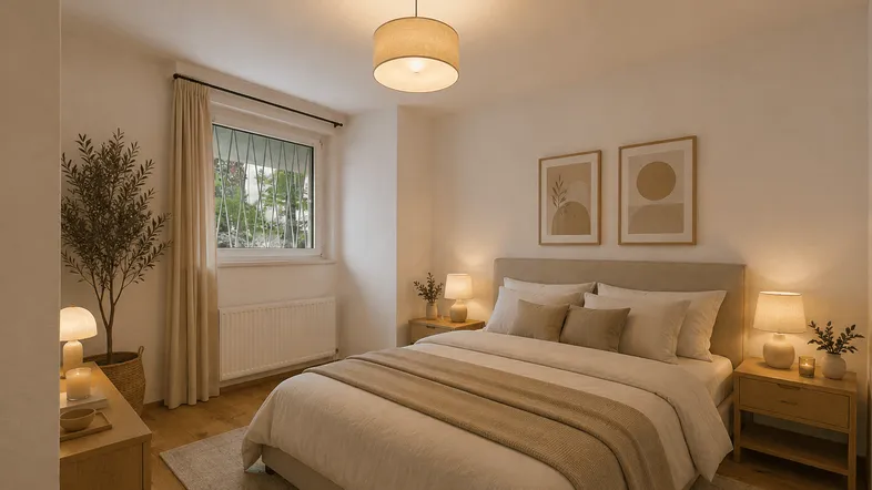 Helles Schlafzimmer mit Doppelbett, Nachttischen und einem Fenster, das Tageslicht hereinlässt.