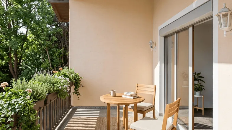 Heller Balkon mit Holzboden, Sitzgelegenheiten und Pflanzen, ideal für entspannte Stunden im Freien.