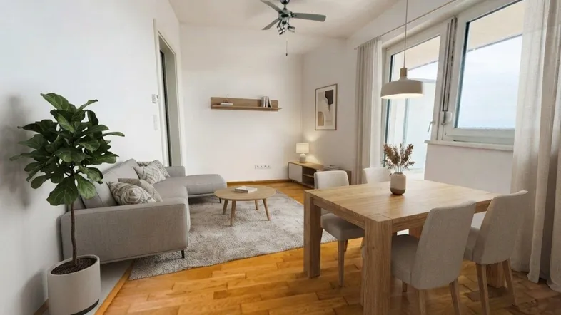 Heller Wohn- und Essbereich mit Holzboden, modernen Möbeln und großen Fenstern, die viel Tageslicht hereinlassen.